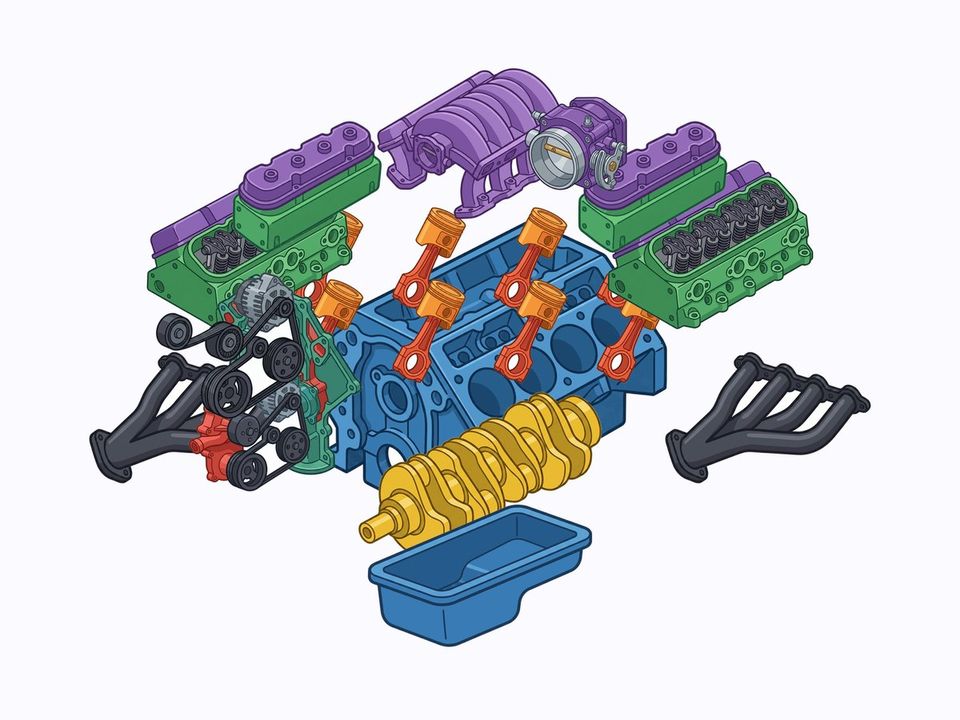 An exploded 5.3 V8 engine drawn in bright cartoon colors